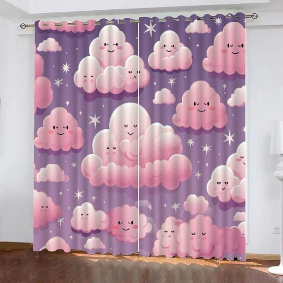 Cute Pink Cloud Pattern Blackout Curtains Fantasy Children's Cloud Stars 3D Printed Drapes Darkening Curtains With Top Grommet For Bedroom Living Room Window Curtains 38"W x 54"L (Pack of 2)