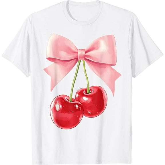 Cute Pink Coquette Bow Cherry Retro Women Teens Kids Girls T-Shirt