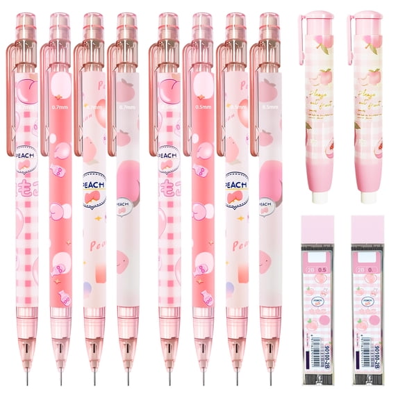 Cute Pink Coquette Peach Mechanical Pencil Set Include 8Pcs Kawaii Mechanical Pencils,2 Tubes Mechanical Pencil Lead Refills,2Pcs Erasers,for Birthday Christmas Gifts
