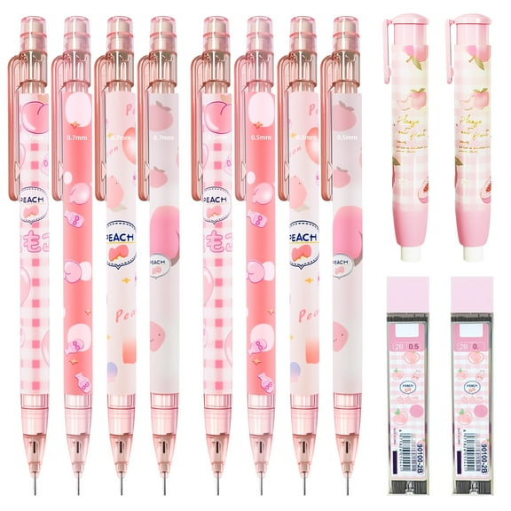 Cute Pink Coquette Peach Mechanical Pencil Set Include 8Pcs Kawaii Mechanical Pencils,2 Tubes Mechanical Pencil Lead Refills,2Pcs Erasers,for Birthday Christmas Gifts