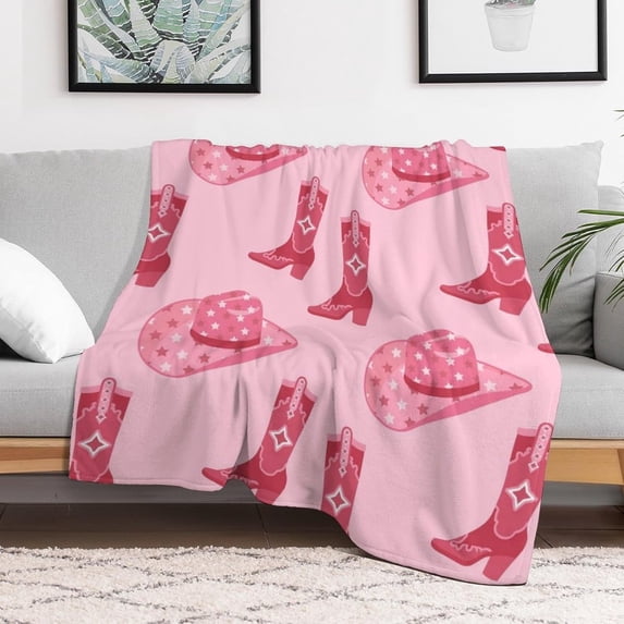 Cute Pink Cowgirl Hats Flannel Fleece Throw Blanket Cowboy Boot Soft Blanket for Couch,Cozy,Warm,Lightweight,50x60 Inches