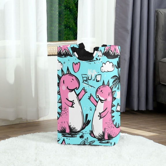 Cute Pink Dinosaur Foldable Laundry Hamper 12.6x11x22.7in with Handles for Bathroom Bedroom Storage