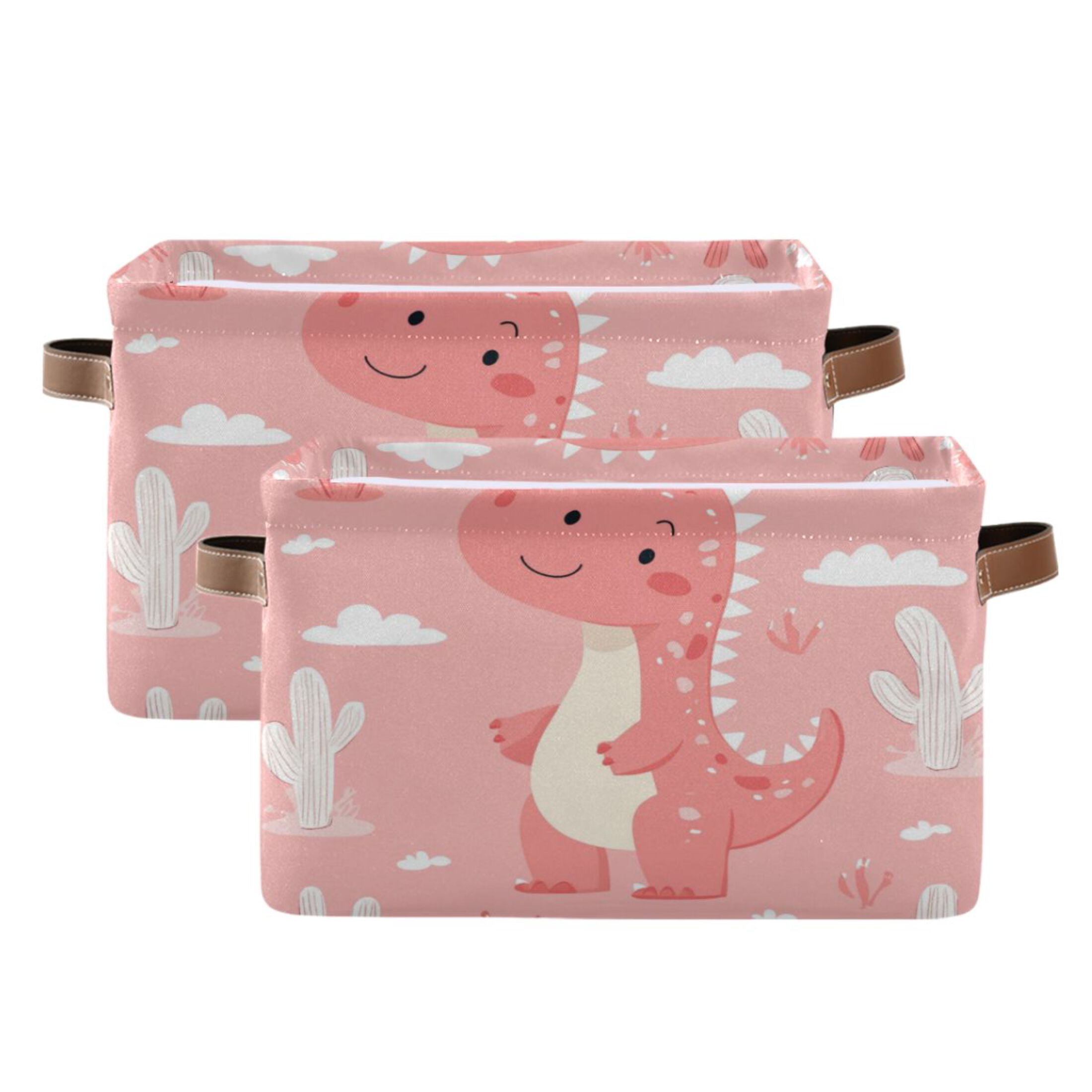 Cute Pink Dinosaur Pattern Foldable Storage Basket,Canvas Fabric Foldable Storage Bins with Handles Open Home Storage Bins Boxes for Toy Book Shelf Closet Baskets