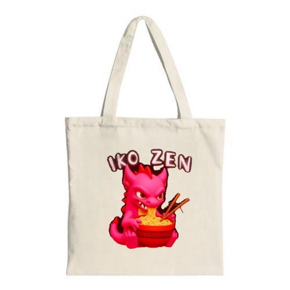 Cute Pink Dragon Tote Bag - Cartoon Design with Noodles & Chopsticks " IKO " Text Perfect for Shopping Travel & Parties