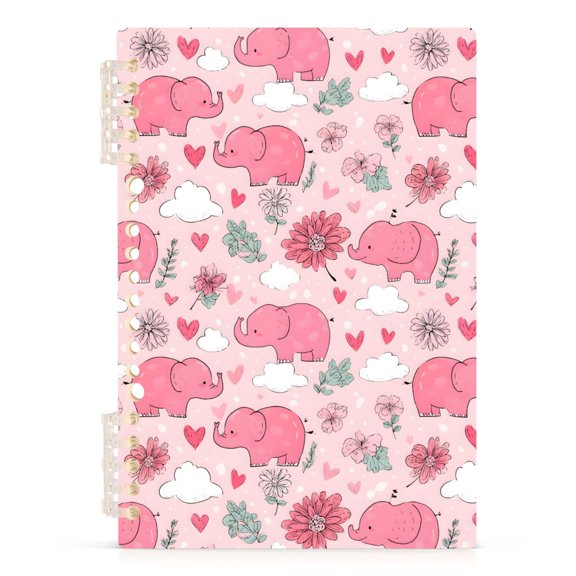 Cute Pink Elephants Pattern A5 Notebook Refillable 60 Sheets Detachable Ring Binder PP Cover Journal