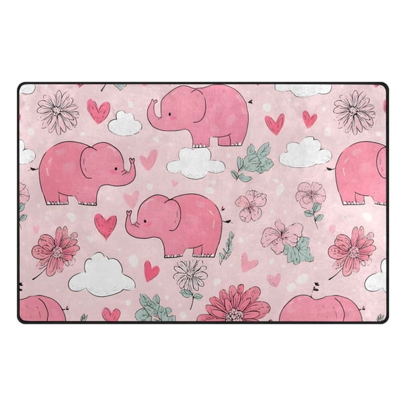 Cute Pink Elephants Pattern Memory Foam Area Rug 60"x39" Non Slip, Absorbent, Fade Proof for Living Room, Bedroom, Office