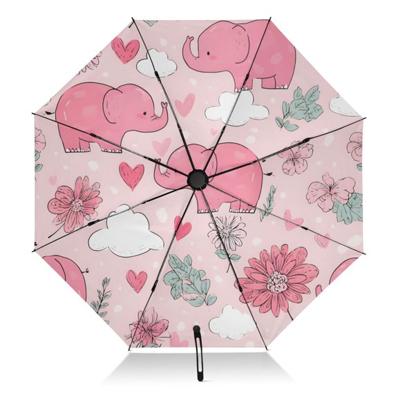 Cute Pink Elephants Pattern Umbrella Folding Sun Umbrella Travel Auto Open Close Large UV50+ 40in