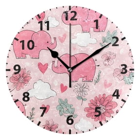 Cute Pink Elephants Pattern Wall Clock 10in Round Artistic Oil Painting Home Decor Desk Table Clock
