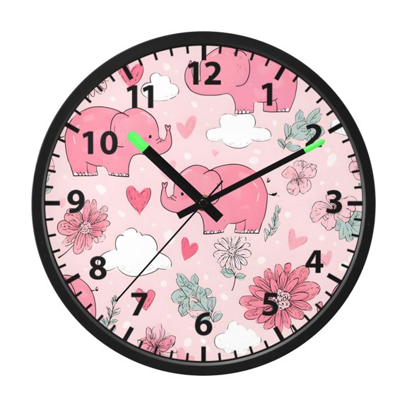 Cute Pink Elephants Pattern Wall Clock 12 Inch Voice Activated Night Light Silent Non Ticking