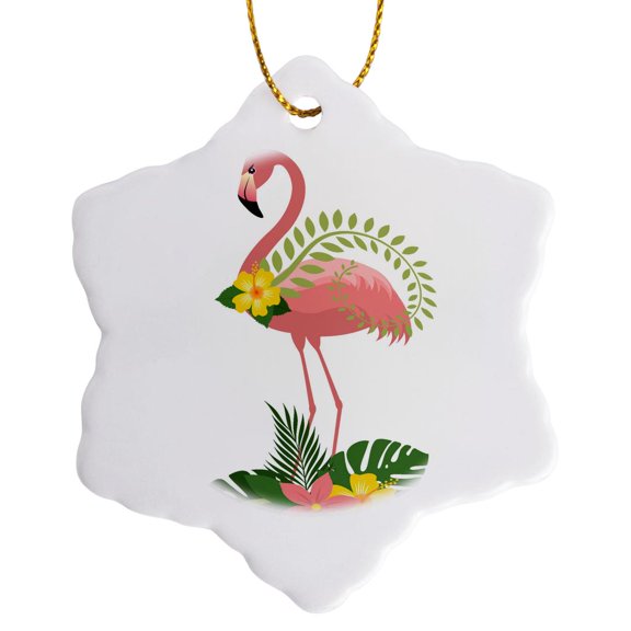 3drose, Cute Pink Flamingo Floral Illustration Graphic Design, 3 inch Snowflake Porcelain Ornament