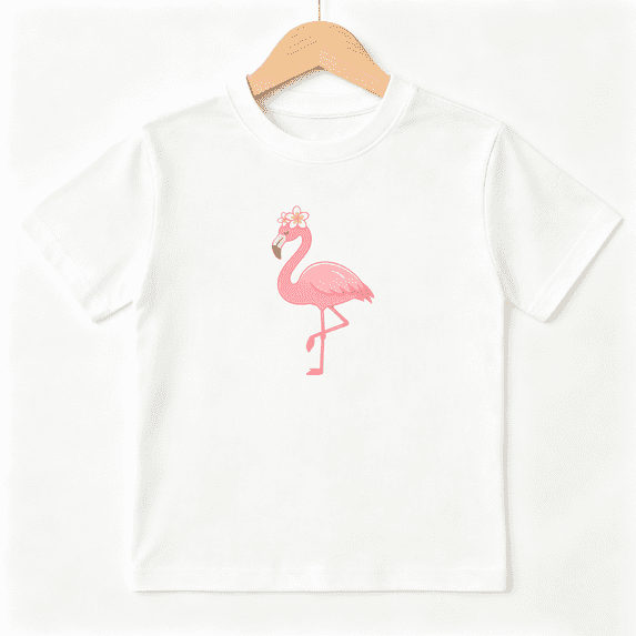 Cute Pink Flamingo Flower Girls Graphic Tee, Sweet Summer Beach 100% Cotton Kids Short Sleeve T-Shirt 4-13Y