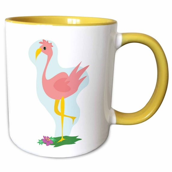 3drose, Cute Pink Flamingo Standing in the Yard, 11oz Two-tone Yellow Mug