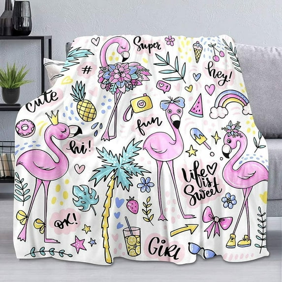 Cute Pink Flamingo Throw Blanket, Cartoon Tropical Palm Tree Floral Fruit Donut Rainbow Baby Girl Blanket, Cozy Warm Soft Lightweight Fuzzy Flannel Fleece Blanket for Couch, Sofa, 40"x50"