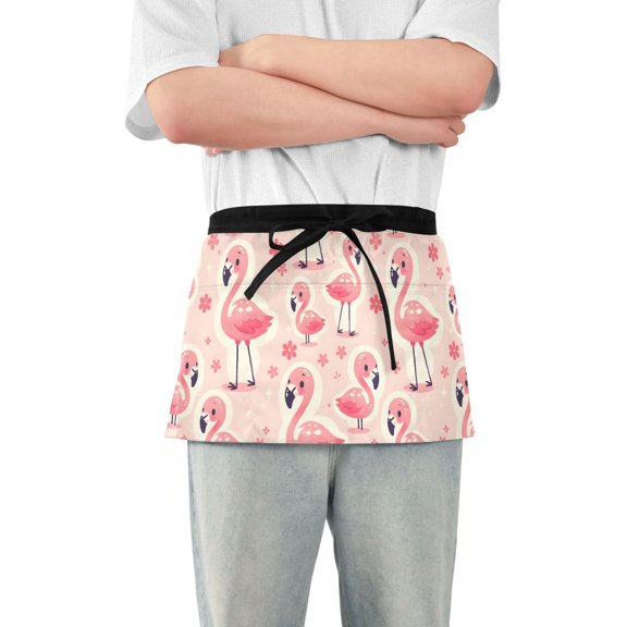 Cute Pink Flamingo and Flowers Server Apron with 3 Pockets Waterproof Waitress Waist Short Apron for Man Woman 12 Inches