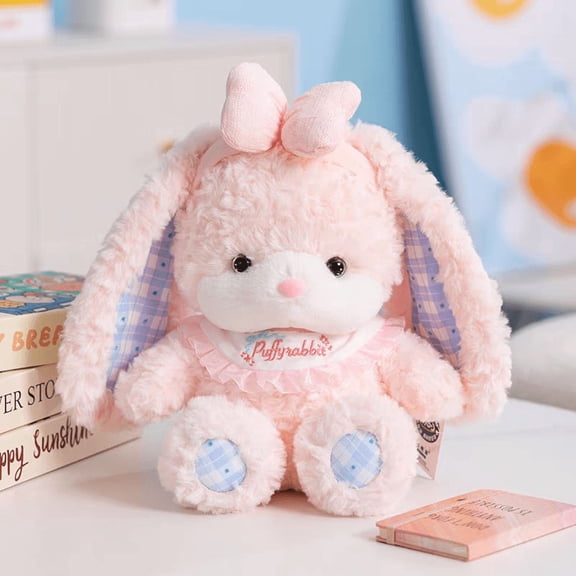 Cute Pink Floppy Ear Bunny Plush Toy, Soft Fluffy Rabbit Stuffed Animal with Bow & Lace Collar, Kawaii Cuddle Doll Gift for Girls, Kids & Home Decor