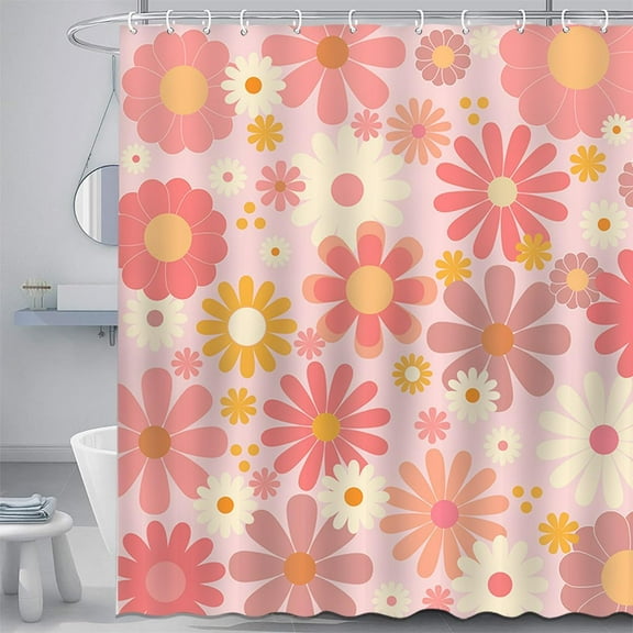 Cute Pink Floral Shower Curtain Colorful Retro Groovy Daisy Flower Shower Curtain Set 72x72 Inches Waterproof Modern Abstract Polyester for Bathroom Deocr with 12 Hooks