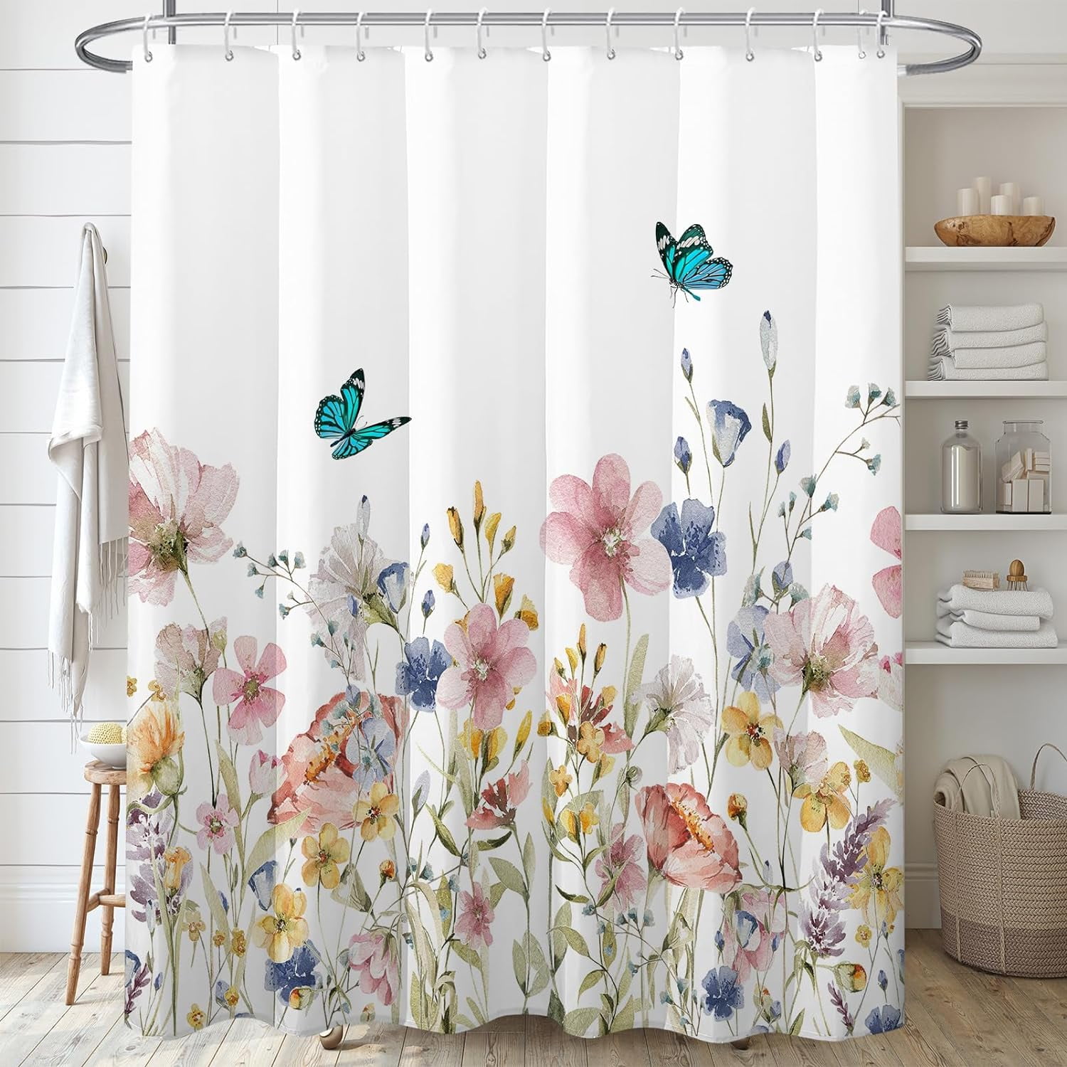 Cute Pink Floral Shower Curtain,Spring Botanical Flowers Butterfly ...