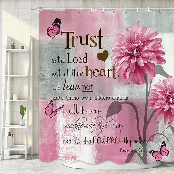 Cute Pink Flower Shower Curtain, Rustic Farmhouse Watercolor Dahlia Floral Modern Minimalist Bathroom Curtains, Bible Verse Inspirational Quote Fabric Bathroom Accessories with Hooks, 72X72in