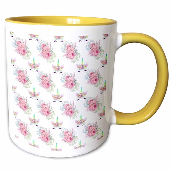 3drose, Cute Pink Flowers and Unicorn Faces Pattern, 11oz Two-tone Yellow Mug