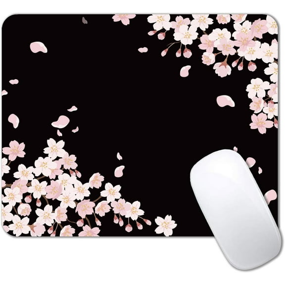 Cute Pink Flowers Mouse Pad, Cherry Blossom Mouse Pad, Serene Blossoms on Black Elegant Floral Mousepad, Japanese Minimalistic Mice pad for Computer Office Girl, 9 x 8 Inch