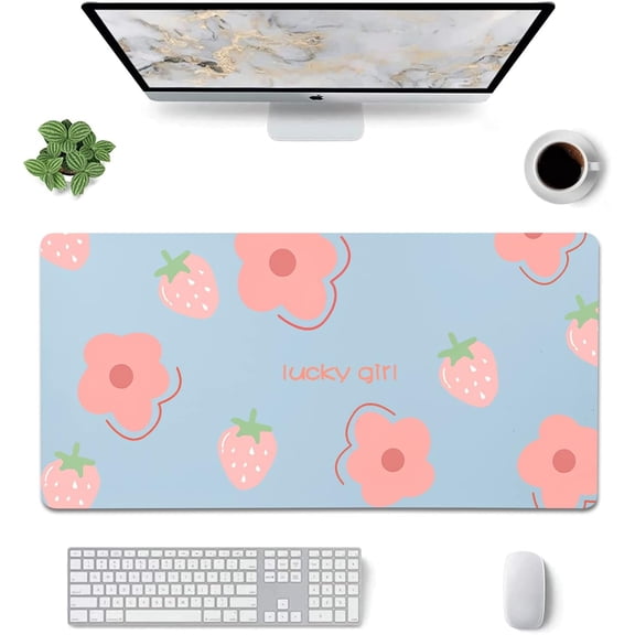 Cute Pink Flowers Pattern Desk Mat,Girly Study Mouse Pad,Blue Extended Desk Mat,MakeupTable Mat,Desk Writing Mat for Office Gaming Work Home for Girl Child(31.5''''X15.7'''',Blue&Strawberry Flowers)
