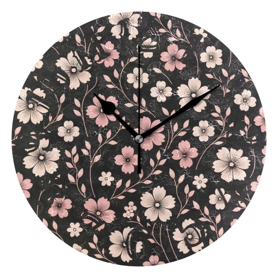 Cute Pink Flowers on Black 10 inch Wall Clocks Non Ticking Easy to Read Battery Decorative for Home Bathroom Kitchen Bedroom Living Room