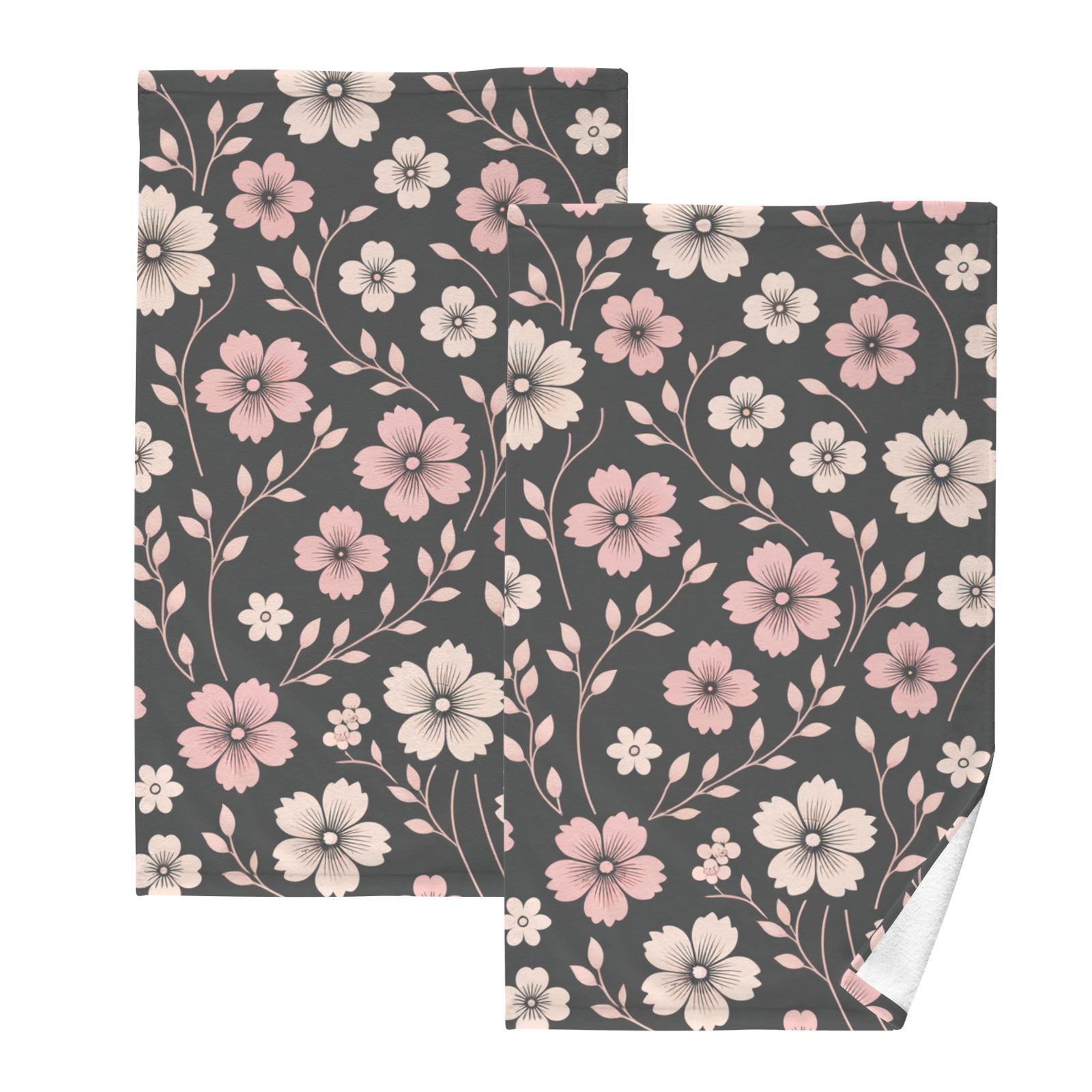 Cute Pink Flowers on Black Hand Towels Cotton Bath Towels Large Face Towels Absorbent for Bathroom 2 Packs
