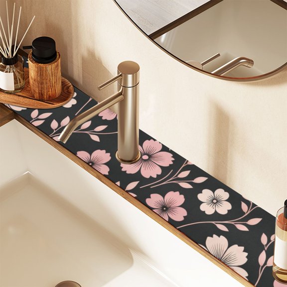 Cute Pink Flowers on Black Sink Splash Guard Faucet 30x5.4in Drying Mat Drying Mat Absorbent Pad for Bathroom Kitchen 2PCS