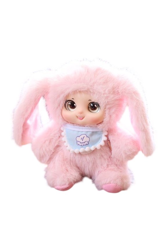 Cute Pink Fluffy Plush Doll with Long Ears, Super Deformed (Sd) Design and Adorable Momo Bib, Ideal for Girls' Birthday Gifts, Children's Room Decoration and Collectible Toys One Size