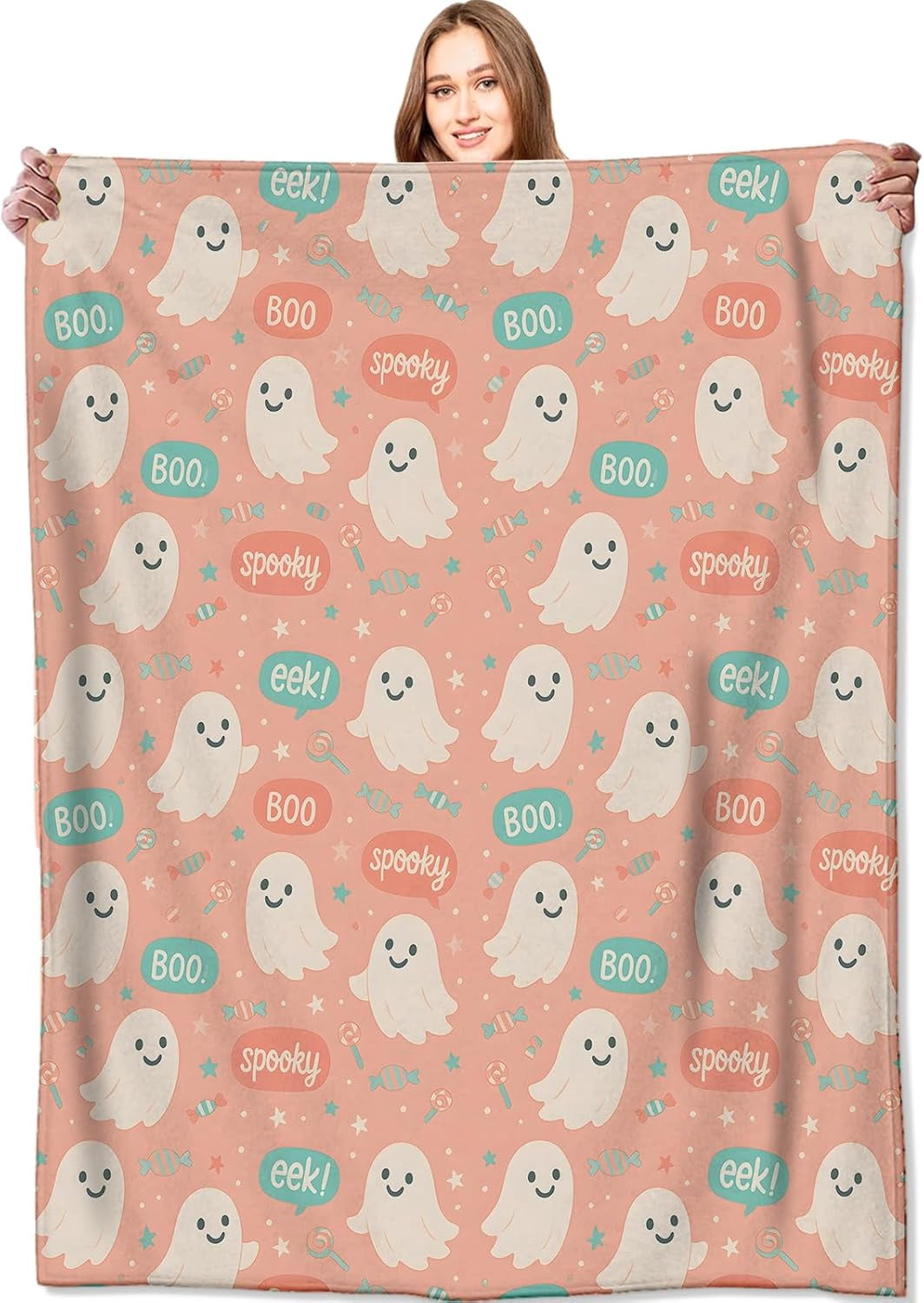 Cute Pink Ghost Blanket Halloween Fall Holiday Decor Gothic Candy Smiling Spirit Throw Gifts for Kids Lightweight Fleece Boo Spooky Witchy Blankets for Horror Spooky Goth Decoration 60x80in