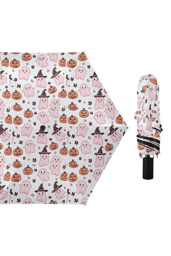 Cute Pink Ghost and Pumpkin Compact Sun Umbrella Windproof Travel Umbrellas for Rain Strong Portable UV Protection
