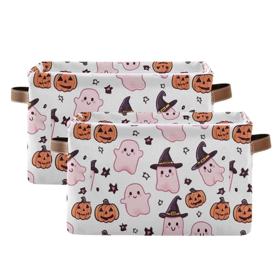 Cute Pink Ghost and Pumpkin Storage Bins with Handle Fabric Organizer Basket Foldable Box 2 Pack 14.2x10.2x8.3