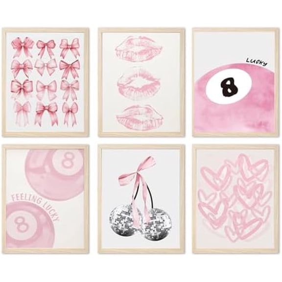 Cute Pink Girl Poster Set of 6, Light Pink Coquette Wall Art Trendy Lucky 8 Ball Wall Decor Paintings Pastel College Apartment Bedroom Living Room Dorm 12x16 inch Unframed
