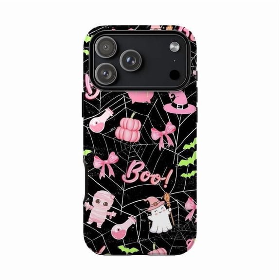 Cute Pink Gothic Halloween Phone Case, Kawaii Ghost Mummy & Spiderweb Art for iPhone 1716 15 14 13 12 11 Pro Plus Mini