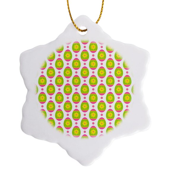 3drose, Cute Pink, Green, and Yellow Flower Easter Egg Pattern, 3 inch Snowflake Porcelain Ornament