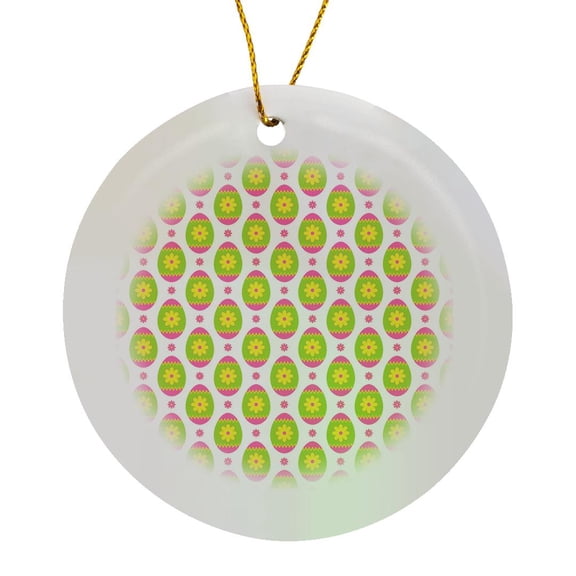 3drose, Cute Pink, Green, and Yellow Flower Easter Egg Pattern, Circle Porcelain Ornament
