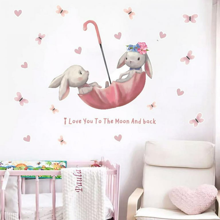Cute Pink Grey Bunny Rabbit Wall Stickers for Kids Room For Baby Nursery Room Decoration Wall Decals for Girl Room Home Decor PVC