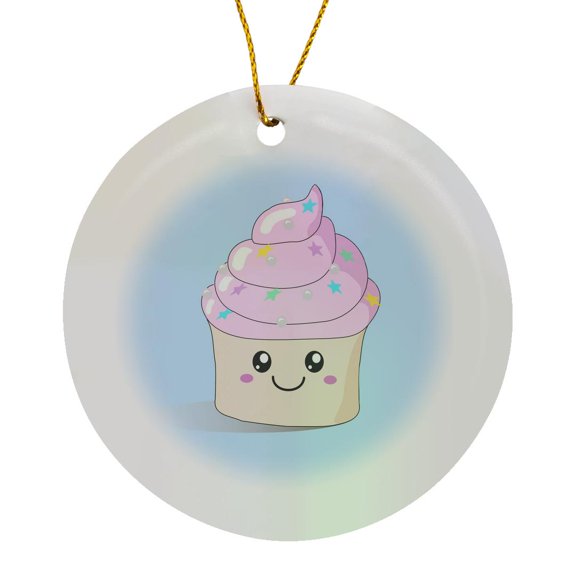 3drose, Cute Pink Happy Cupcake with Stars Silver Pearls on Pastel Baby Blue Kawaii Smiling Smiling Cupcakes, Circle Porcelain Ornament