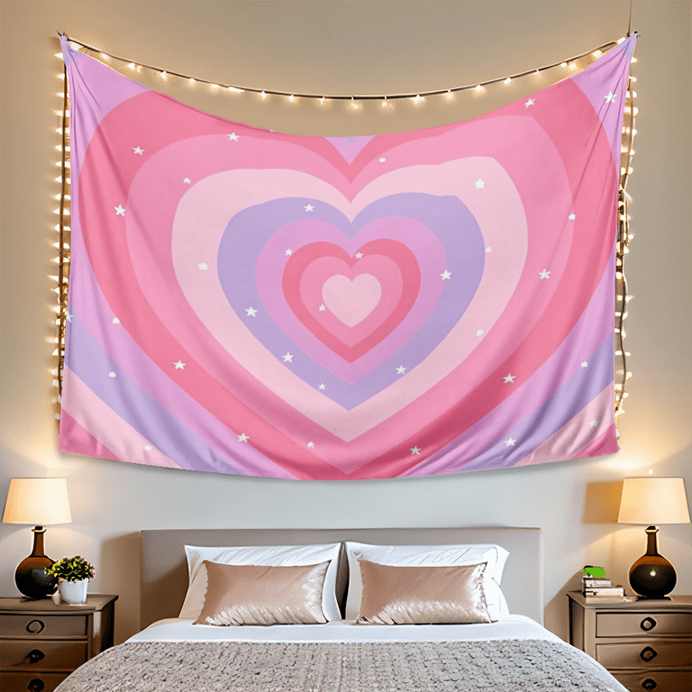 Cute Pink Heart Aesthetic Tapestry Wall Hanging for Teen Girl