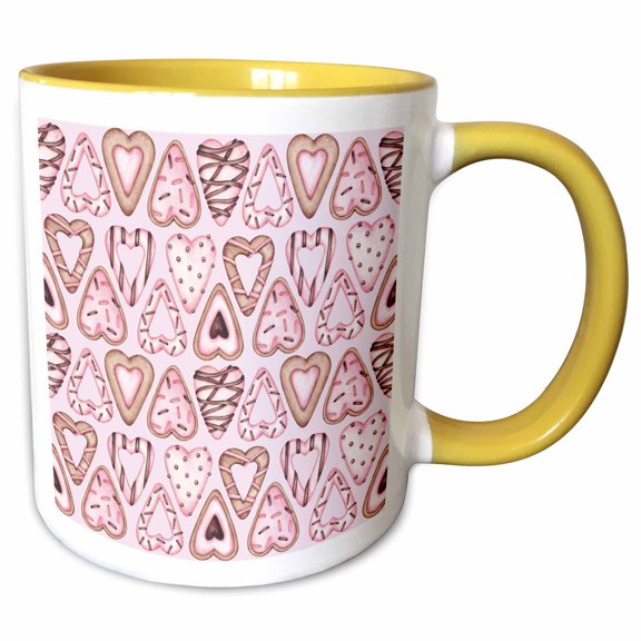 3drose, Cute Pink Heart Cookies Pattern, 15oz Two-tone Yellow Mug