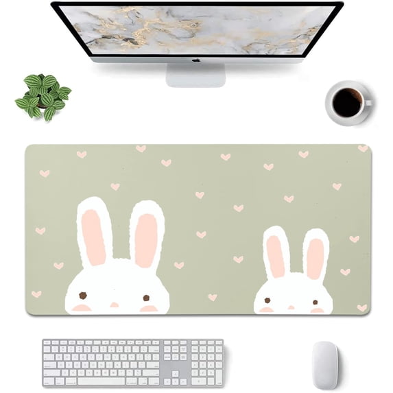 Cute Pink Hearts Rabbits Pattern Desk Mat, Mouse Pad,Green Desk Mat, Dual Use Desk Writing Mat for Office/Home for Girl Women(31.5''''X15.7'',Green&Two Rabbits)