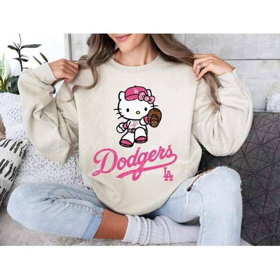 Cute Pink Hello Kitty Baseball Sweatshirt, Dodgers Baseball MLB Shirt,Sand color,size XL
