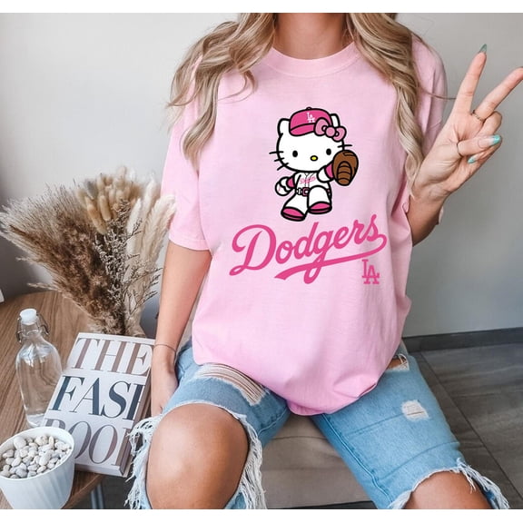 Cute Pink Hello Kitty Baseball T-shirt, Dodgers Baseball MLB Youth Toddler Kids Men Women Shirt,Light Pink Color,Size 2XL