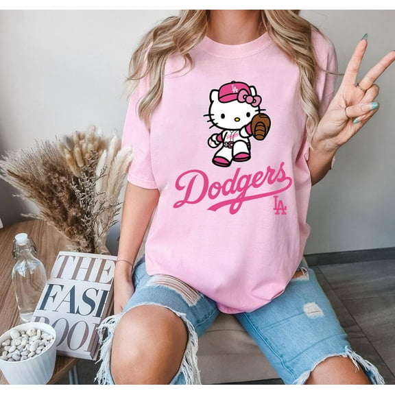 Cute Pink Hello Kitty Baseball T-shirt, Dodgers Baseball MLB Youth Toddler Kids Men Women Shirt,Light Pink Color,Size 3XL