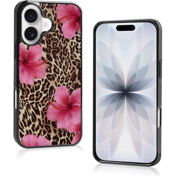 Cute Pink Hibiscus Flowers Leopard Cheetah Print Aesthetic Phone Case for iPhone 17 Case for Women Girls -6.3Inch