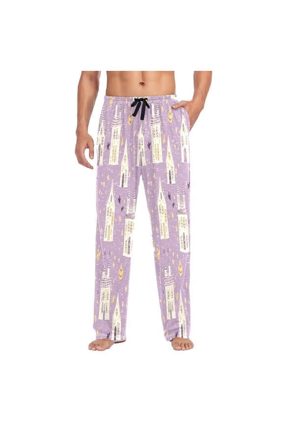 Cute Pink House Mens Cotton Pajama Pants Long Staple Lightweight Sleep Bottoms with Pockets Breathable