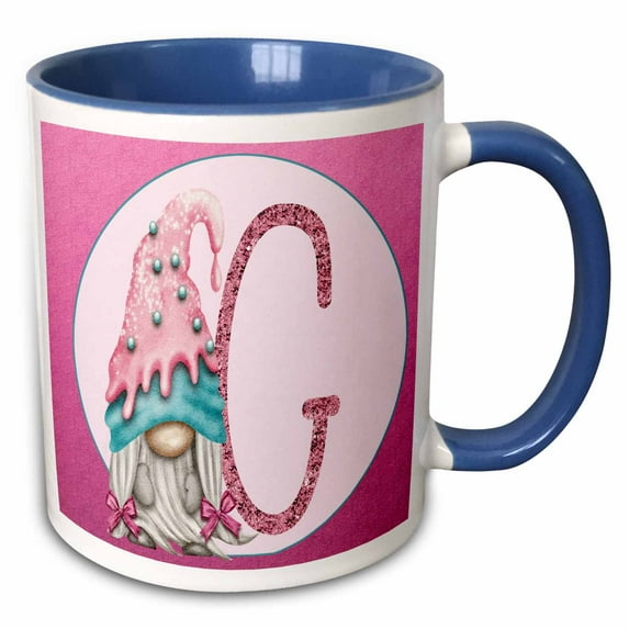 3drose, Cute Pink Ice Cream Gnome Pink Image of Glitter Monogram G, 11oz Two-tone Blue Mug