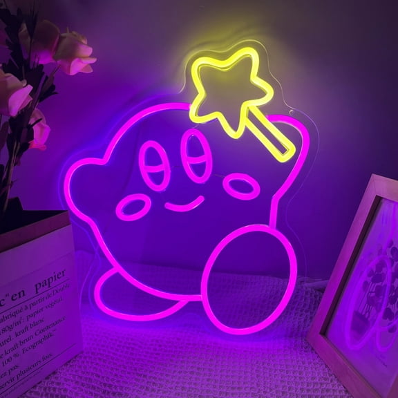 Cute Pink Kirby Living Rooms 3D Neon Lights, Dimmable Anime Neon Lights, Decorative Table Lamp