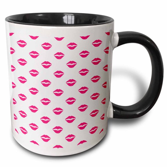 3drose, Cute Pink Kiss Lips Imprint Pattern, 11oz Two-tone Black Mug