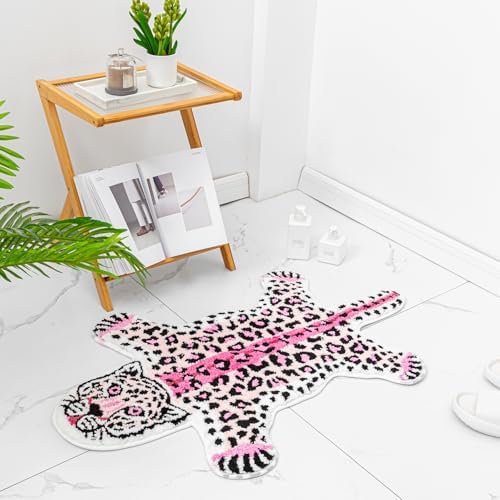 Cute Pink Leopard Bath Mat for Bathroom, Non-Slip Animal Shaped Absorbent Plush Bathtub Rug, Soft Funny Cheetah Print Cartoon Shower Door Mat Bathroom Decor 39.3x25.5 Inch
